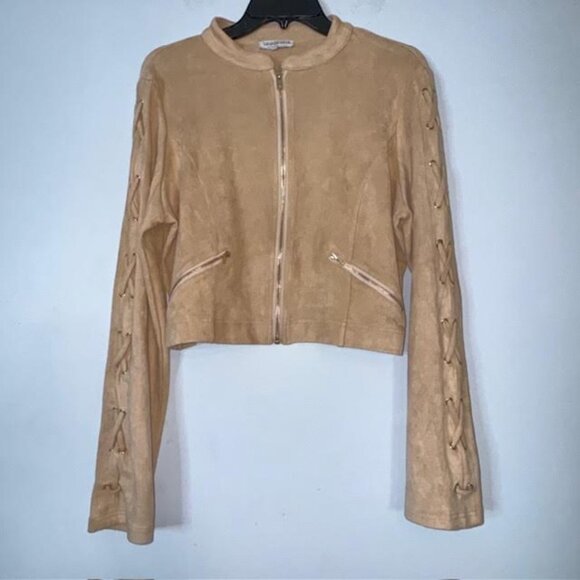 Fashion Nova Women's Vegan Suede Stretch Jacket Full Zip Pockets Tan SZ 1X - Picture 4 of 9